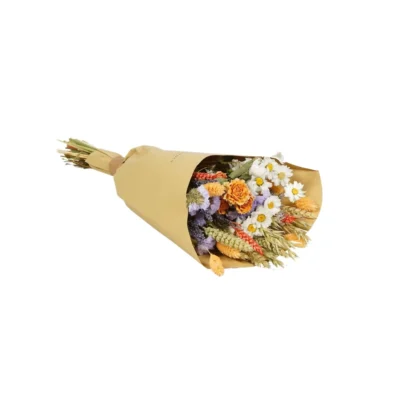 trois bouquets de fleurs séchées de différentes taille : S, M, L . Champêtre, couleur orange, violet, beige, jaune